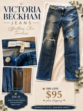 Victoria Beckham Mens Slim Straight Distressed Blue Jeans